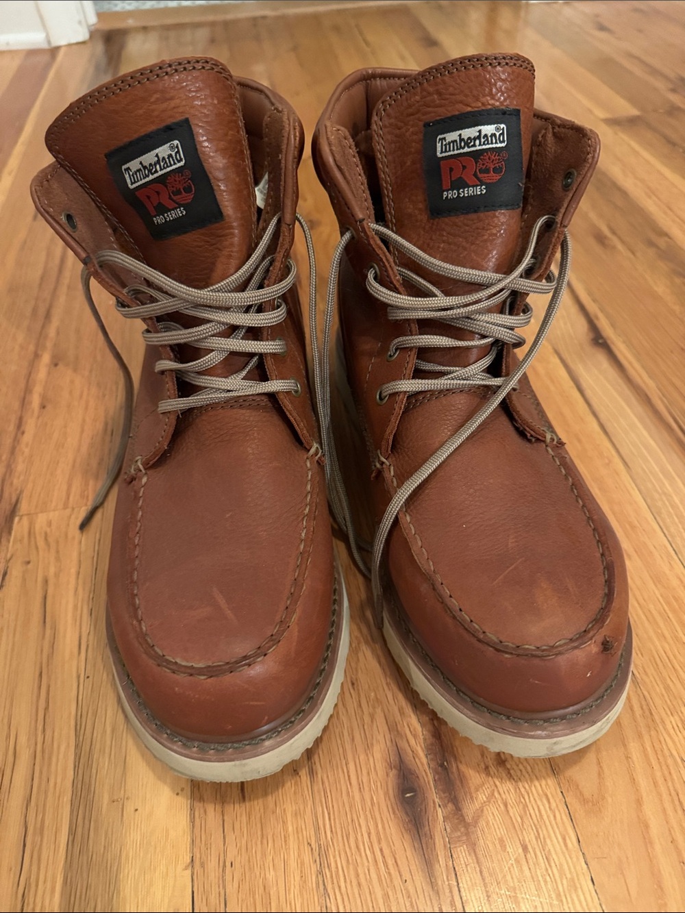 Timberland PRO Brown Leather Work Moc Toe Boots with Tan Laces